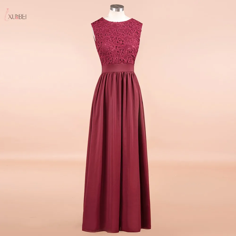 

Long Evening Dress Burgundy Chiffon 2019 A line Scoop Neck Sleeveless Gown Lace Applique robe de soiree 100% Real Picture
