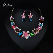 Модные свадебные ювелирные изделия, цветные кристаллы, стразы, цветок, капля воды, ювелирный набор, Массивное колье, ожерелье, серьги