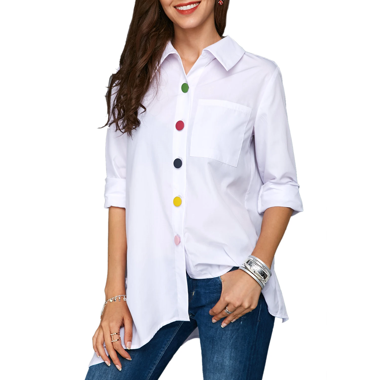 

Women Fashion Loose Solid Color Lapel Long Sleeve Asymmetric Hem Pocket Shirt Ladies Office Casual Color Buttons Shirt Blouse