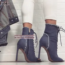 Дизайн синие джинсовые ботильоны для женщин с перекрестными ремешками открытым носком супер стилет обувь на высоком каблуке выдалбливают