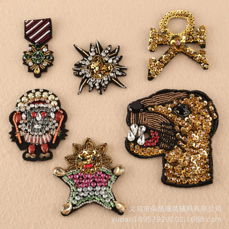 

5pcs/lot Handmade Gold Beaded Sequin Embroidery Patch Clothing Decorals Accessories Skull Tiger Crystal Pearl Diamond Applique