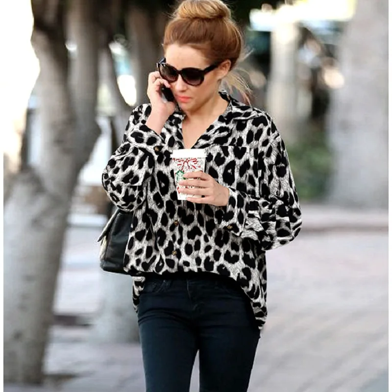 2018 Autumn Women's loose thin Leopard long-sleeved shirt women large |
