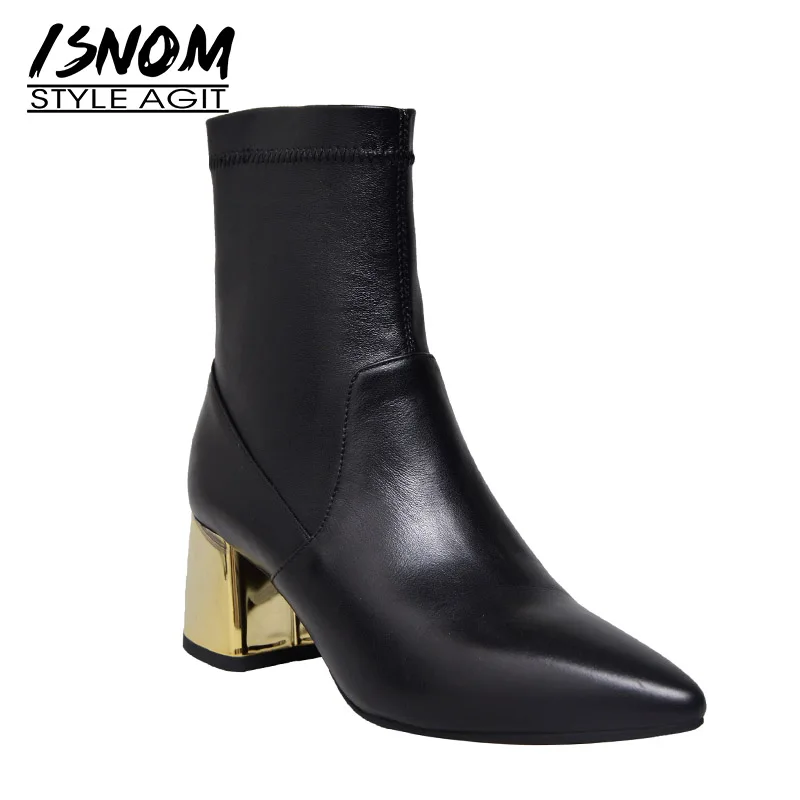 

ISNOM Genuine Leather Women Boots Pointed Toe Footwear Stretch Female Ankle Boot High Heels Fashion Shoes Woman 2019 Spring New