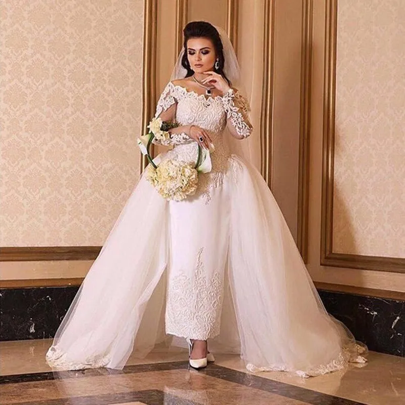 

Detachable Vestido De Noiva 2019 Wedding Dresses Sheath Long Sleeves Lace Short Beach Boho Dubai Arabic Wedding Gown Bridal-in W