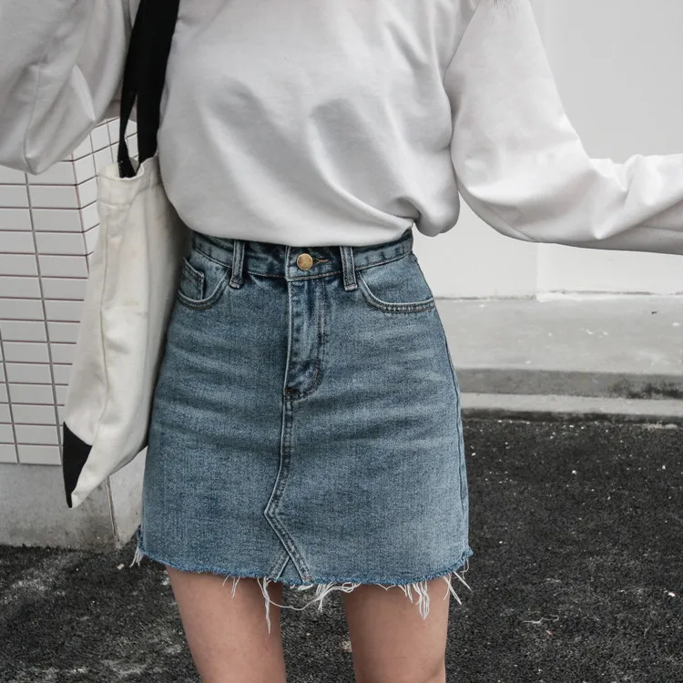 Корейский стиль для женщин джинсовая юбка высокая талия уличная весна женская летняя сексуальная Jupe трапециевидная мини однотонная черная джинсовая юбка - Цвет: Синий