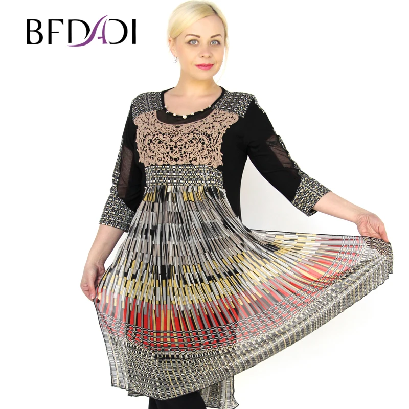

BFDADI 2016 Summer Women's Dress Fashion Colorful retro stitching pleated dress Women Elegant Knee-length Big size 7-2169