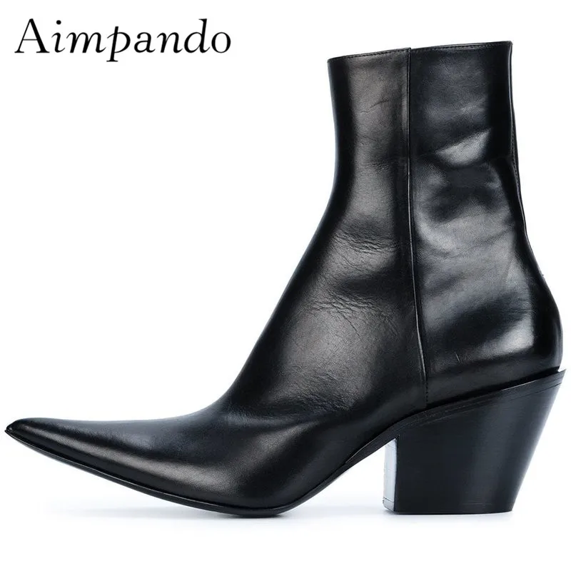 

2018 Autumn Winter Motorcycle Boots New Arrival Point Toe Jeniune Leather Chunky Heel British Style Short Boots Women