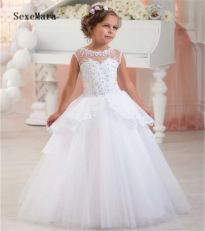 

New Girls Dresses White Lace First Communion Dress Pageant Gown Beaded Lace Flower Girl Dress for Wedding Girls Birthday Gown