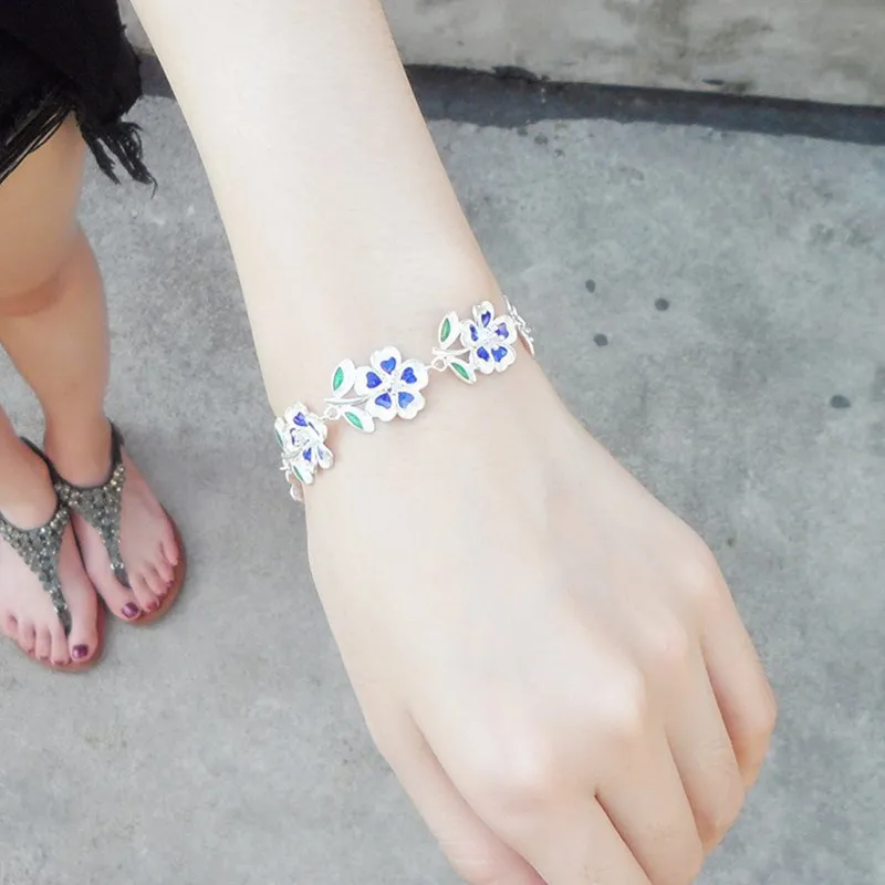 

999 Silver Bracelet Flowers Hand Chain Cloisonne Enamel Jewelry Charm Chinese Handmade Ethnic Love Bangle Women Blue Bangles