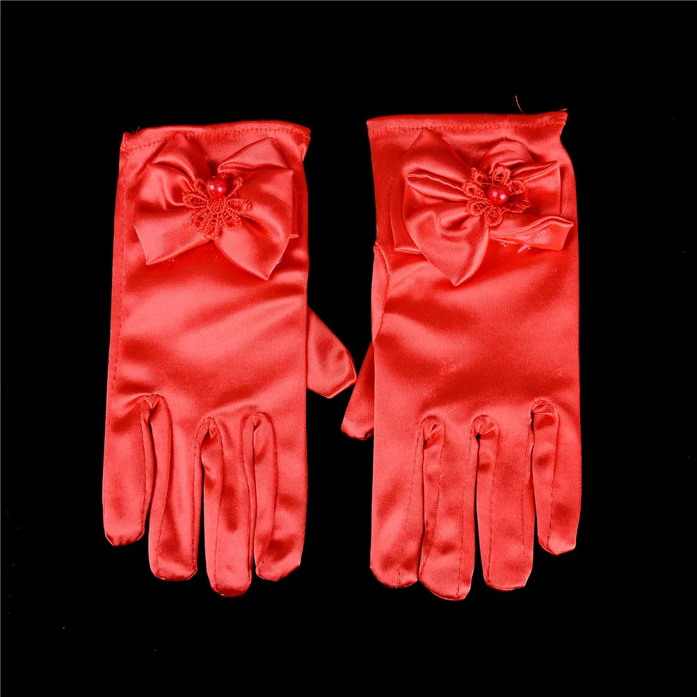 1 пара, детские перчатки с бантом для девочек, детские варежки, Детские Короткие Вечерние перчатки, свадебные перчатки, 4 цвета - Color: Red