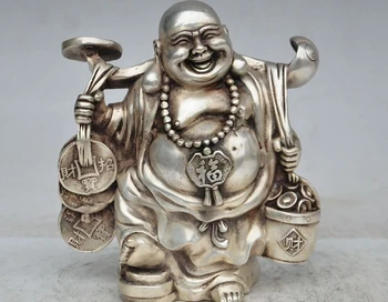

6" tibet silver Happy Maitreya Buddha ruyi Coin barrel Wealth Money ingot Statue