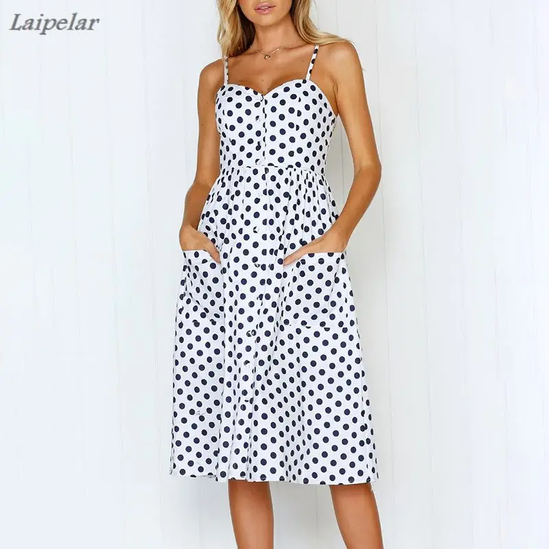 

Women's Summer Boho Dress Spaghetti Strap Bohemian Floral Print Backless Button Decoor Midi Dress with Pockets Laipelar