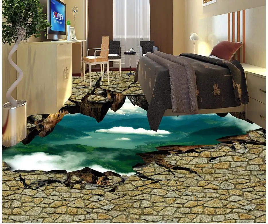 Modern Custom 3D Floor Mural Crack Cliff 3D Floor PVC Wall Paper Self