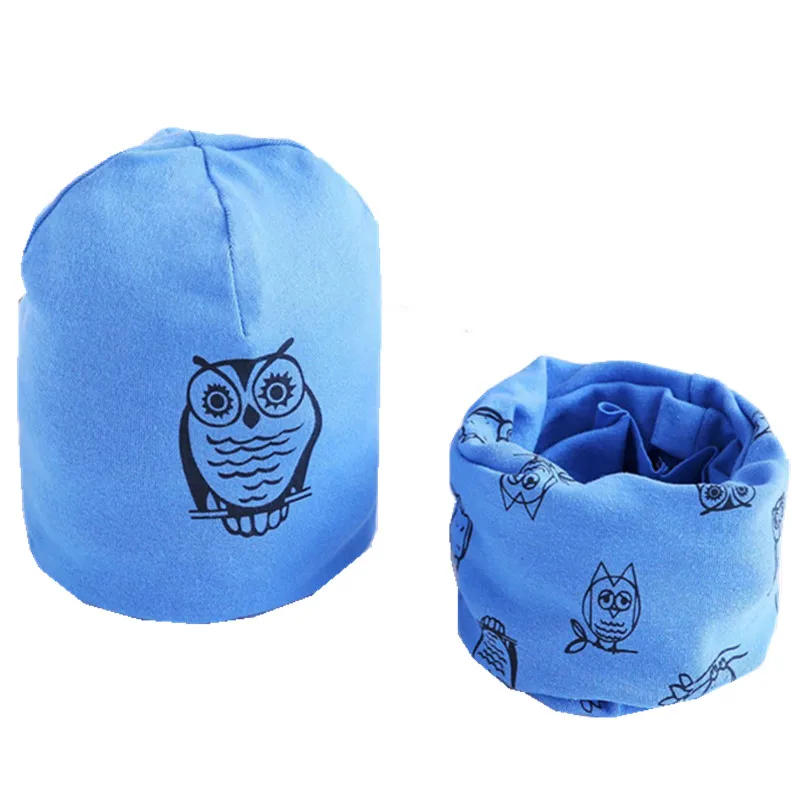 blue owl set Новая весенне-Осенняя шапка для девочек, шарф, комплект с рисунком совы, звезды, лебедя, шапка для маленьких мальчиков и девочек, детская шляпа, шарф-воротник, комплект хлопковой детской шапки - Цвет: blue owl set