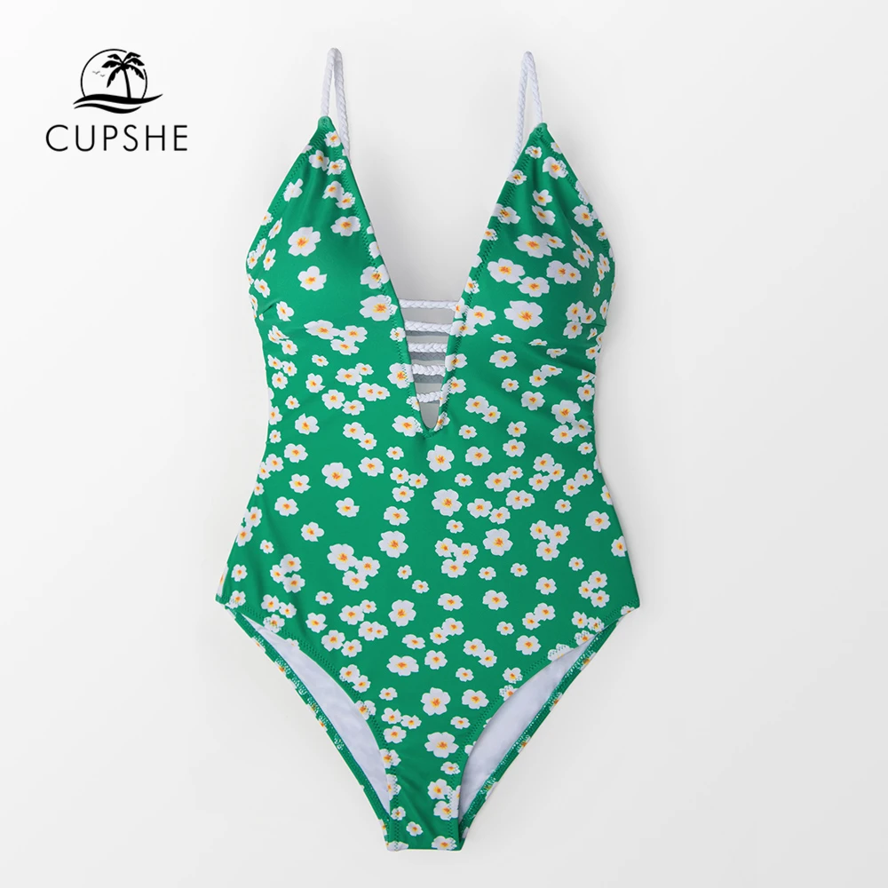 CUPSHE Green Floral One Piece Swimsuit Women Boho Lace Up Monokini ...