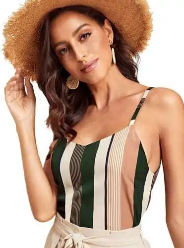 

New Fashion Women Striped Deep V-neck Sling Sleeveless Backless Colorful Camis Tops Lady Summer Casual Cool Slim Clothing S-XXL