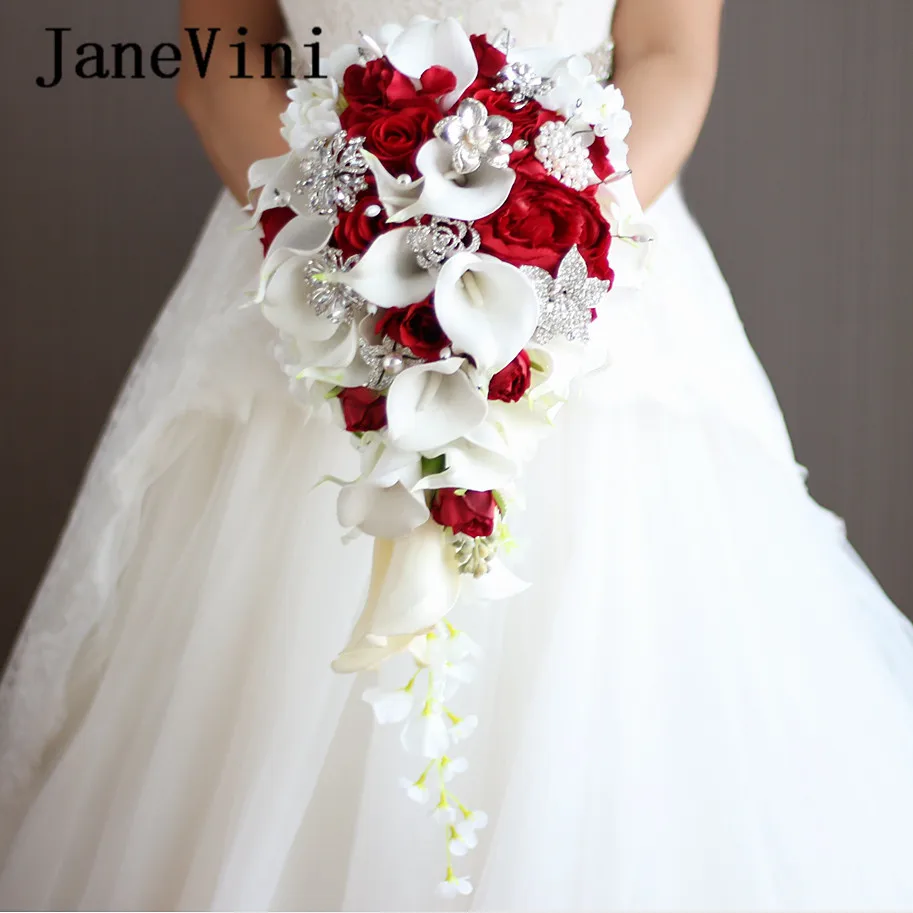 JaneVini Luxury Red Waterfall Wedding Bouquet for Bride Calla Lily Crystal Pearls Cascading Bridal Flowers Ramo De Boda De Novia