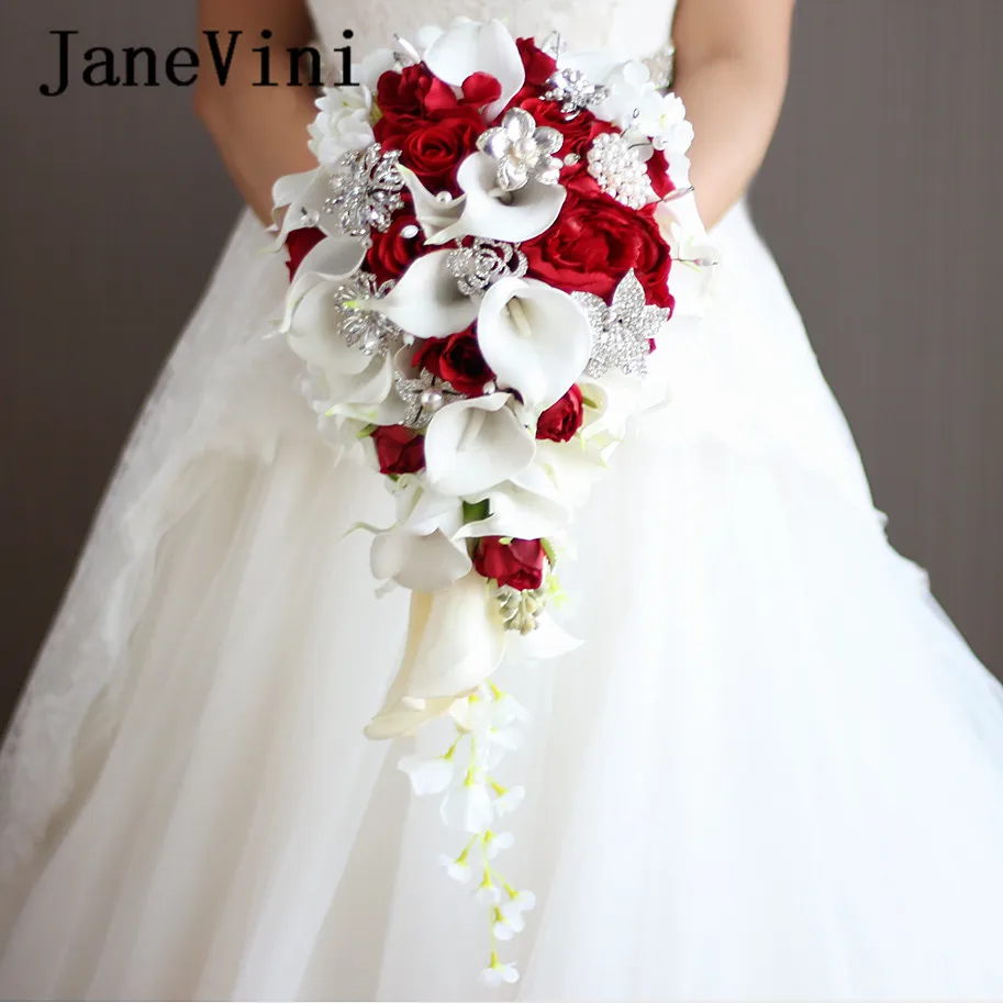 

JaneVini Luxury Red Waterfall Wedding Bouquet for Bride Calla Lily Crystal Pearls Cascading Bridal Flowers Ramo De Boda De Novia