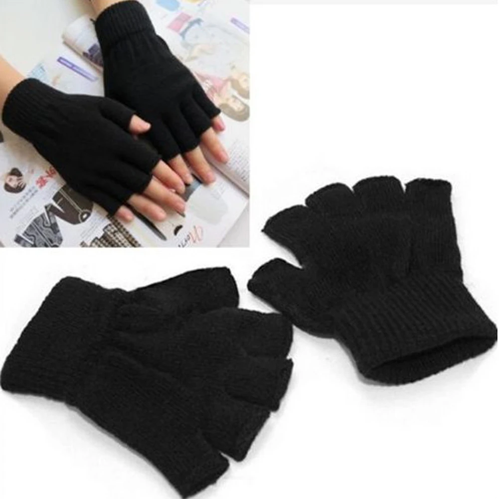 New Fashion Black Short Half Finger Fingerless Wool Knit Wrist Glove