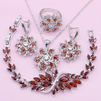 

Red AAA Zirconia Silver Color Jewelry Sets For Women Marquise Bracelet Earring Pendant Necklace Ring Bridal Birthday Gift Box
