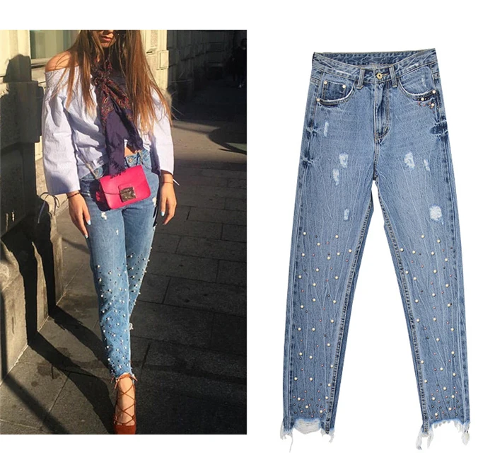 2017 fashion European and American women's high waist Slim straight pearl 3-color studs irregular feet tassel washed cowboy trousers (9)