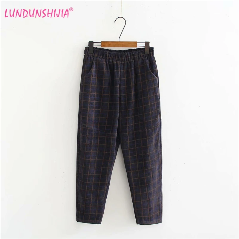 

LUNDUNSHIJIA 2019 Spring Autumn Women Casual Loose Harem Pants Ladies Plaid Capris Trousers Plus Size XL-3XL