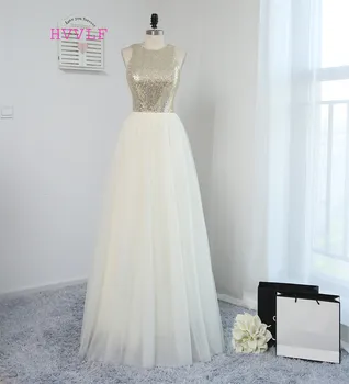 

HVVLF 2019 Cheap Bridesmaid Dresses Under 50 A-line Floor Length Open Back Tulle Sequins Wedding Party Dresses