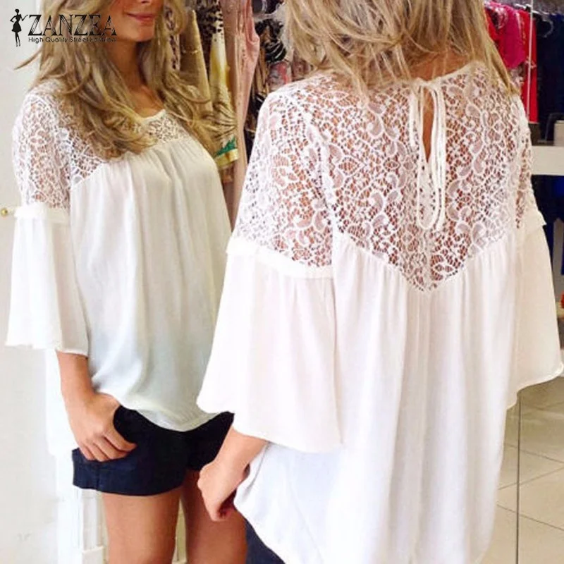 

Plus Size 2015 European Summer Style Hot Sale Women Blusas Chiffon Patchwork Lace Solid Shirts Casual Loose White Blouses Tops