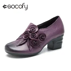 Socofy/женские туфли-лодочки в стиле ретро из натуральной кожи ручной работы с цветком и боковой молнией, женские туфли-лодочки на каблуке в