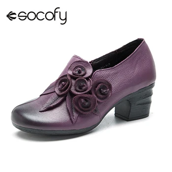 

Socofy Retro Women Pumps Genuine Leather Handmade Flower Side Zipper Pumps Heels Woman Vintage Floral Block Heels Women Shoes