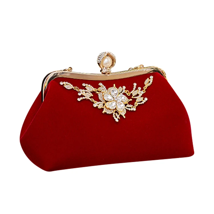 ICON Female Diamond Pearl Handbag Vintage Crystal Flower Evening Bag Wedding Party Bride Clutch Bag Purse - Цвет: Red