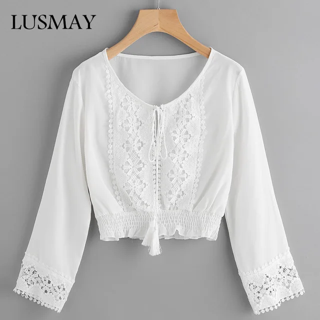 

Crochet Lace Chiffon Blouse Crop Top Women 2018 Fashion Long Sleeve Summer Blouse Patchwork Women Tops White With Tassel