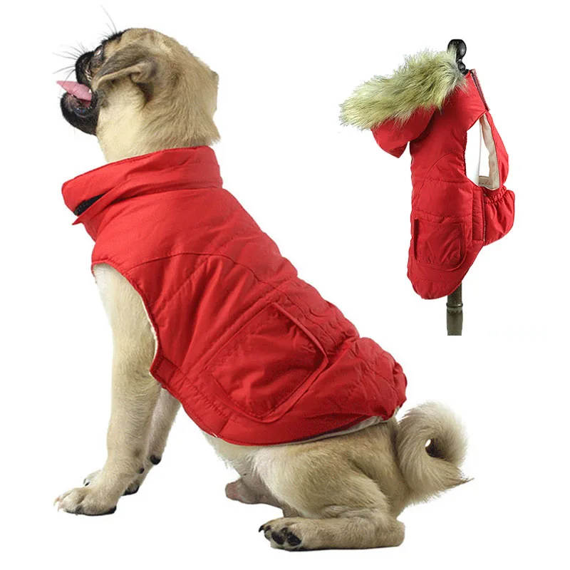 

Winter Puppy Dog Jacket Coat Thickened Pet Cat Clothes Outfits Keep Warm Dog Vest with Windproof Removable Fur Collar Hooded
