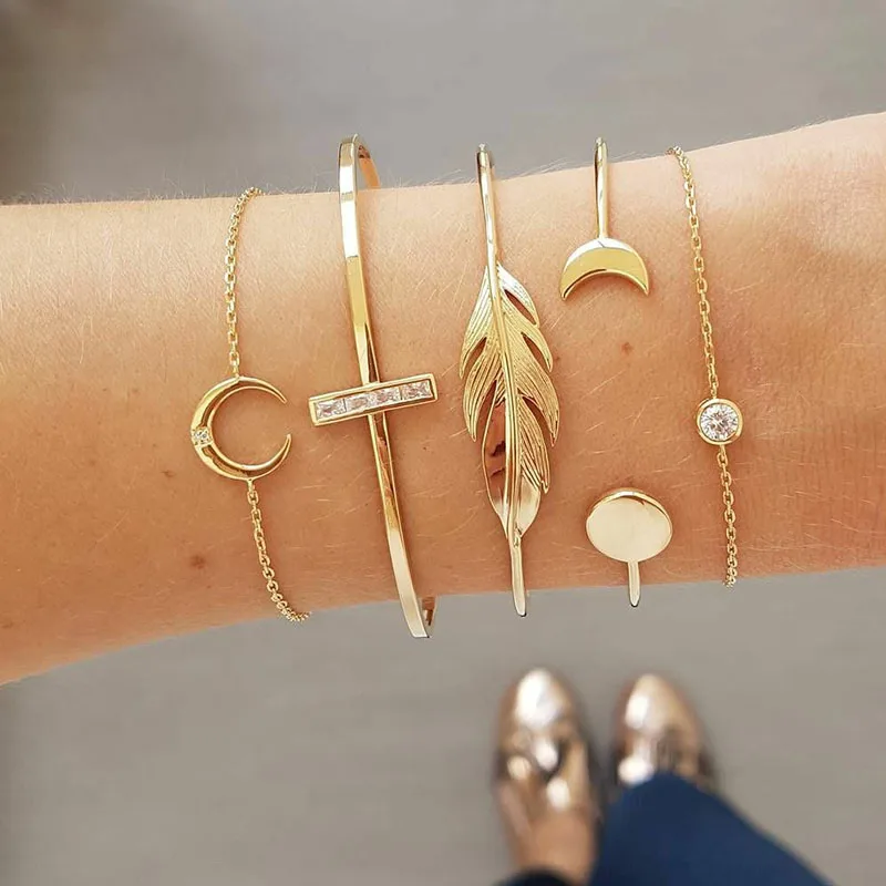 

5 Pcs/Set Gold Leaf Moon Star Charm Bracelet & Bangle Set Korean Simple Link Chain Crystal Statement Braclets for Women 2019