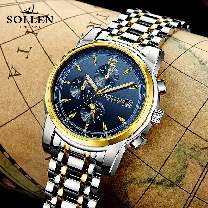 

relogio masculino SOLLEN Mens Watches Top Brand Sport automatic mechanical Watch Men Stainless Steel Waterproof Wristwatch Gift