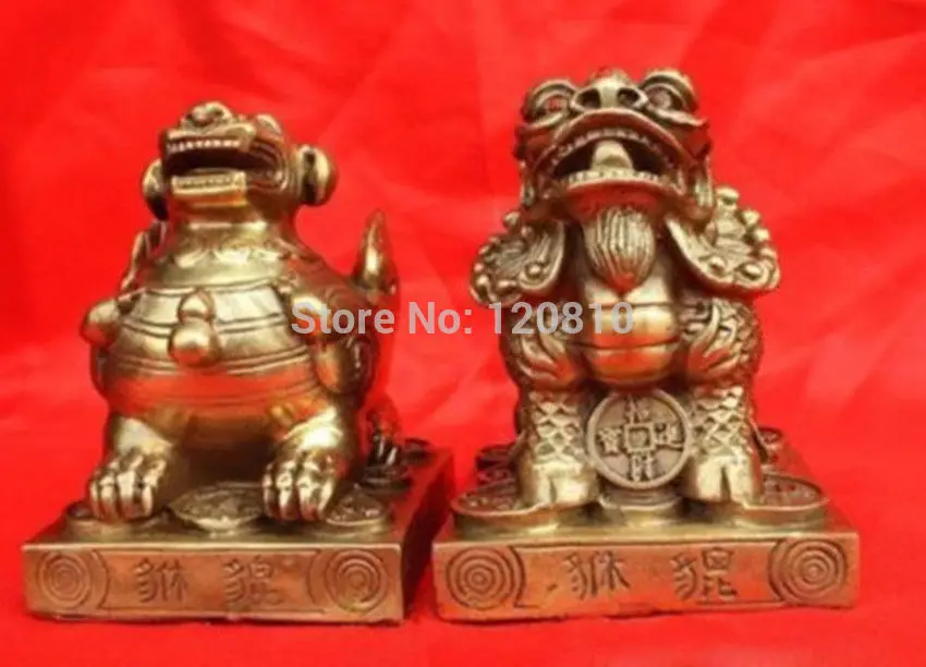 

Pair Chinese sacred Bronze dragon Pixiu statues 3.6"H each