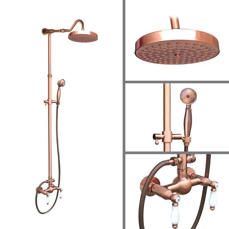 

Red Antique Copper Wall Mount Bathroom Rain Shower Head Handshower Head Rainfall Shower Faucet Set Dual Handle Mixer Tap arg615