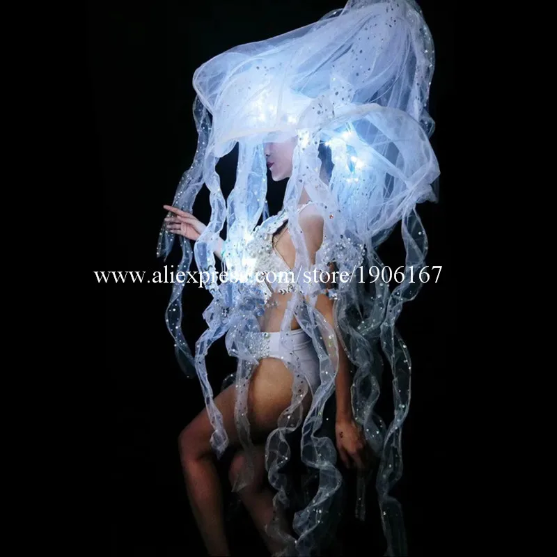 Nightclub bar new LED luminous jellyfish bikini set gogo stage DS costume white suit3