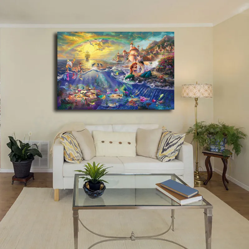 Thomas Kinkade The Little Mermaid And Tramp HD Painting Wall Art Print On Canvas Living Room Decorative Picture Christmas Gifts