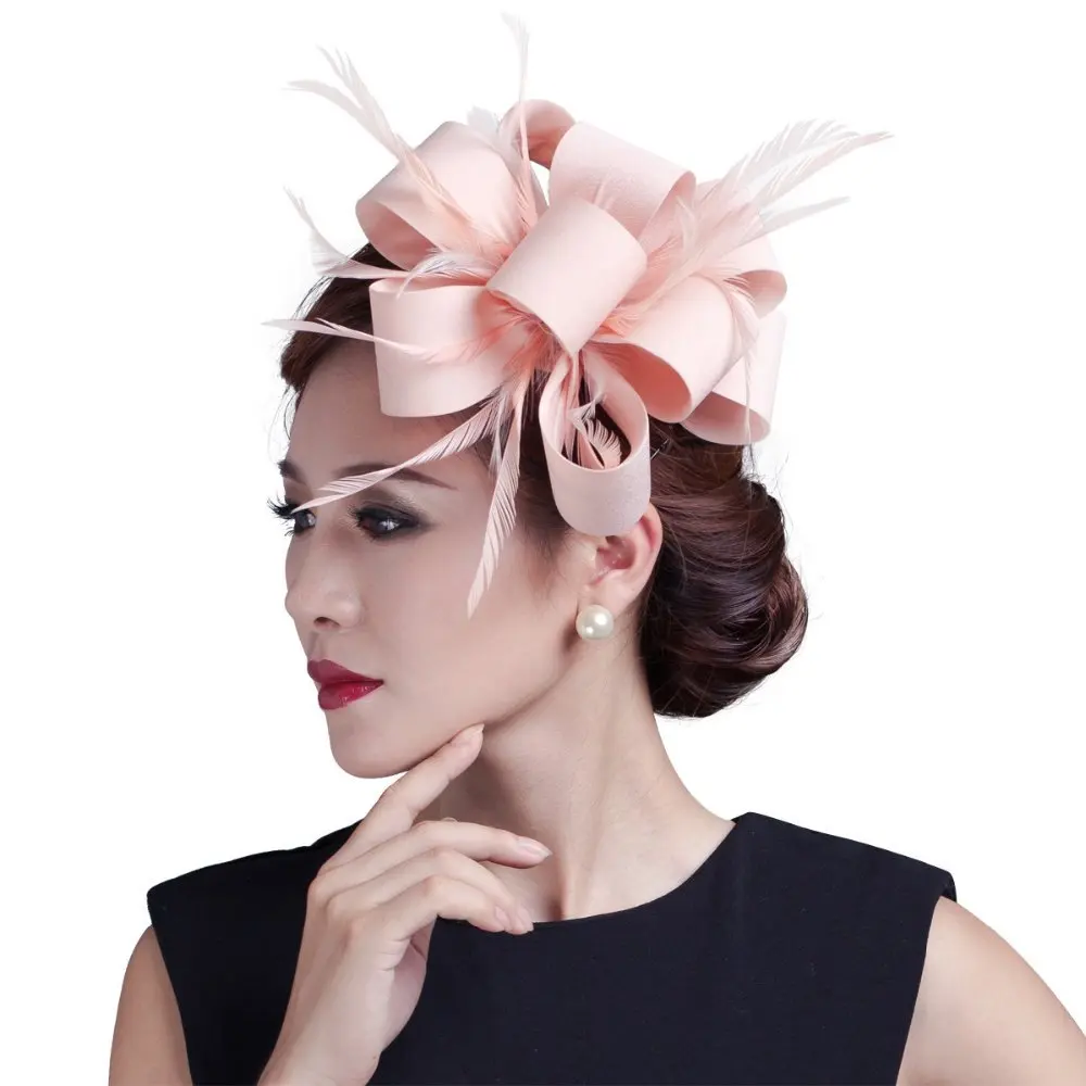 2017 Elegant Lady Satin Bows Fascinator with Feathers Women Clip Fashion Hair Accessories for wedding race