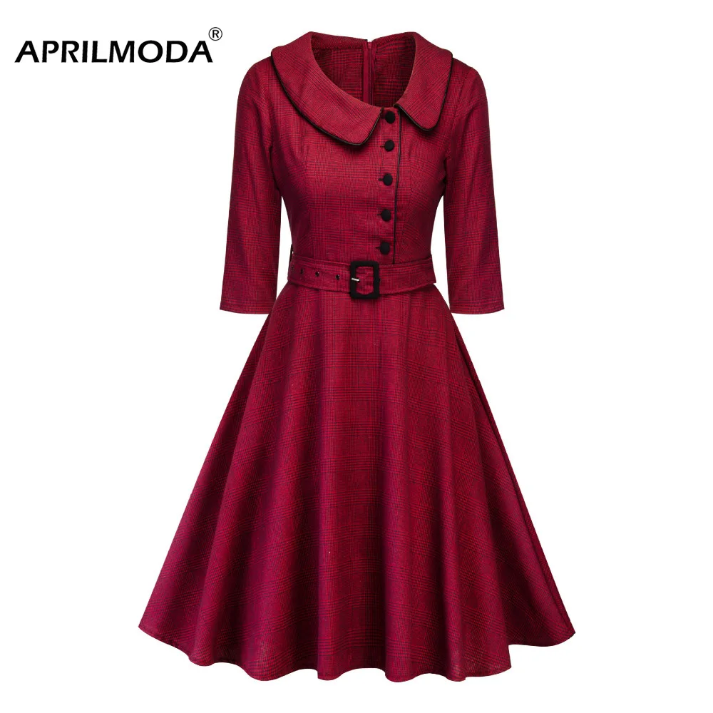 

Autumn Winter 2018 Women Retro Dress Casual Red Black Plaid Robe 50s 60s Vintage Half Sleeve Hepburn Dresses Vestidos Femme