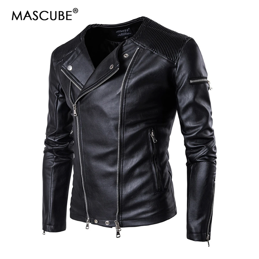 MASCUBE Leather Jackets Men Collarless Motorcycle Jackets Mens 2018