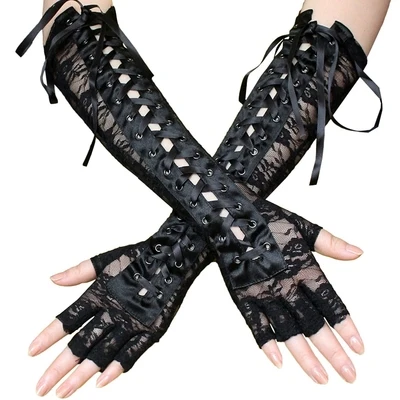 

Long Retro Women Lolita Steampunk Armband Gloves Lace Hollow Vintage Victorian Tie-Up Brown Mitten Cosplay Accessory with rivets