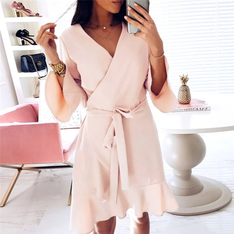 Fashion dress women Autumn Winter 2018 Ladies elegant Long Slevel V Neck Lace Up Mini Dress Party Boho Dress vestido O04#N (10)