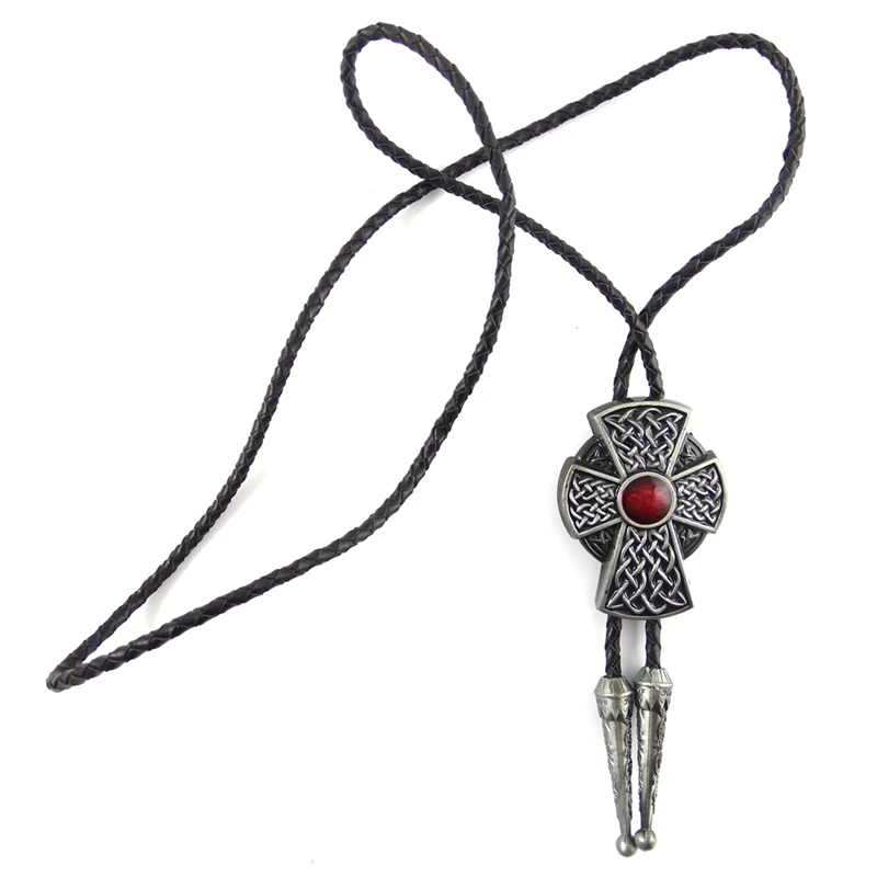 5 шт.,, винтажный ковбойский галстук «боло» для мужчин, черная кожа с металлическим кельтским узлом, перекрестный красный камень, украшение
