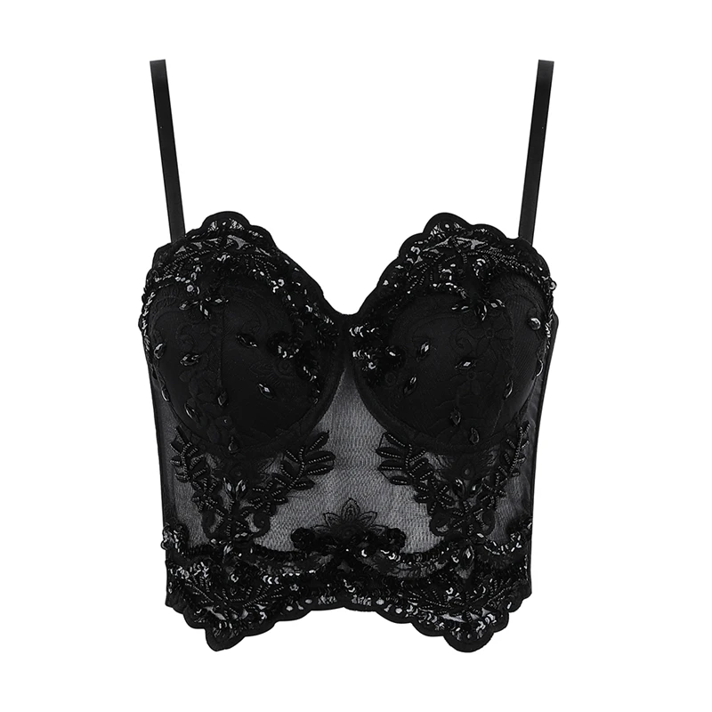 INDRESSME New Sexy Bra Cropped Top Embellished Lace Beading Spaghetti Straps Skinny Hot Summer Women Sexy Club Party Tops