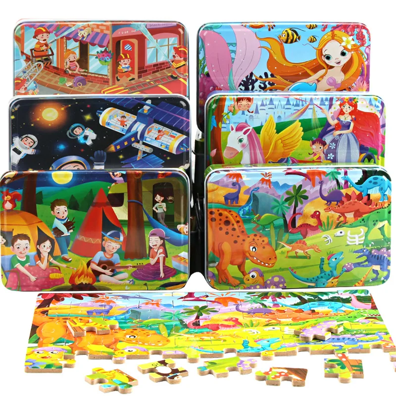 

60 Pieces Wooden Puzzles Toys Sets with Iron Box Kids Cartoon Animal Wood Puzzles Educational Toys for Children Christmas Gifts