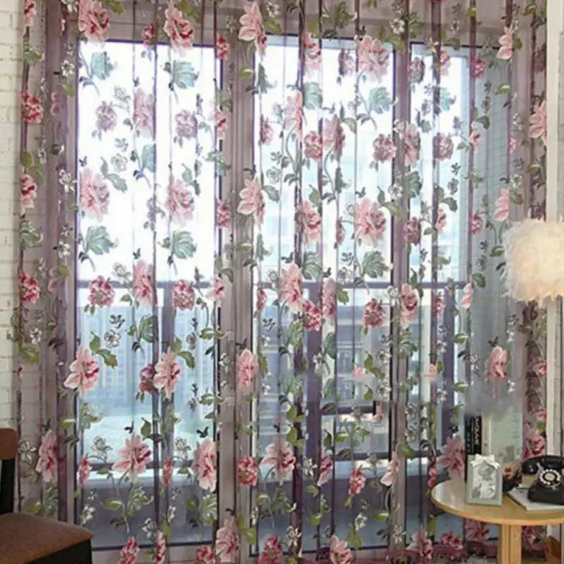 Romantic Floral Tulle Plant Grass Voile Curtain Drape Panel Scarf