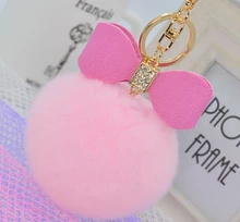 14colors 8CM bowknot fur pom keychain Genuine rex Rabbit Fur Ball Key chains fur key ring Key Chain For Bag