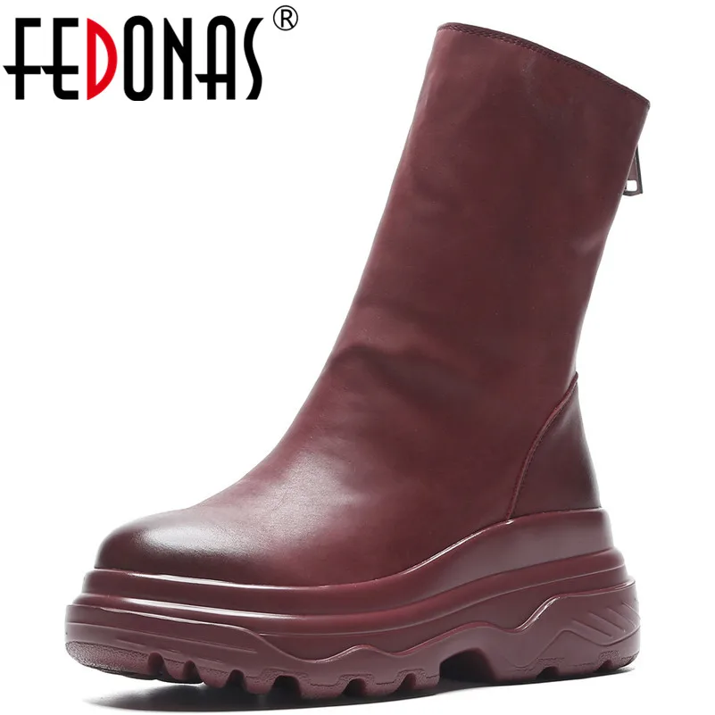 

FEDONAS Punk New Zipper Platforms Genuine Leather Mid-calf Boots High Quality Fashion Sexy Warm Autumn Winter Motorcycle Boots